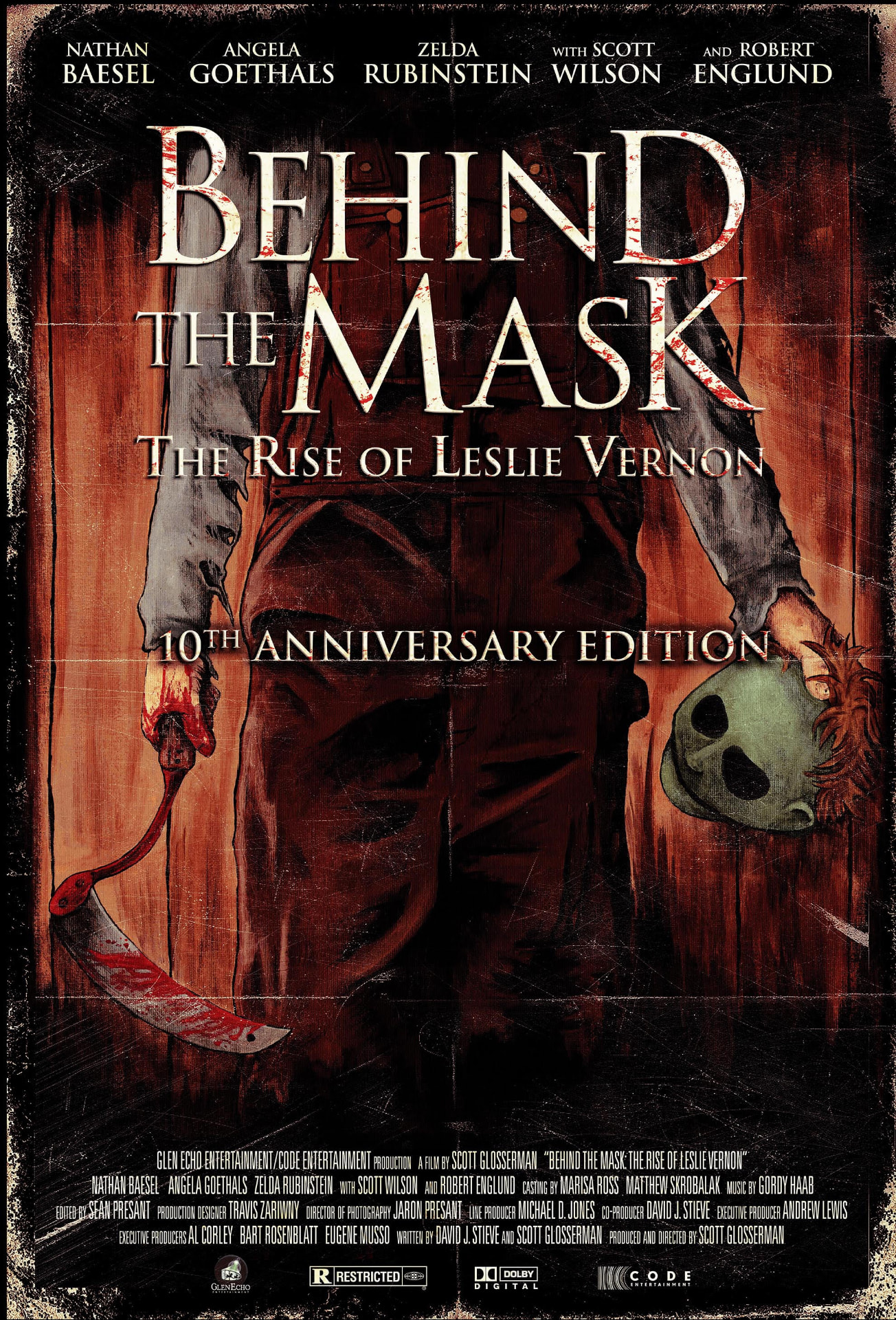 Anniversary poster for Behind the Mask: The Rise of Leslie Vernon, showing the masked figure holding a scythe, labelled 10th Anniversary Edition